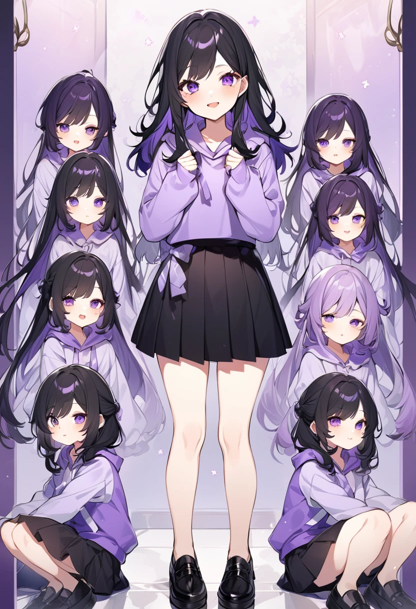 Keito。Purple hoodie。Black Skirt。Purple Eyes。Black Hair。Black shoes下。Black shoes。6 sistery eldest daughter has lavender hair.。all female。Sextuplets