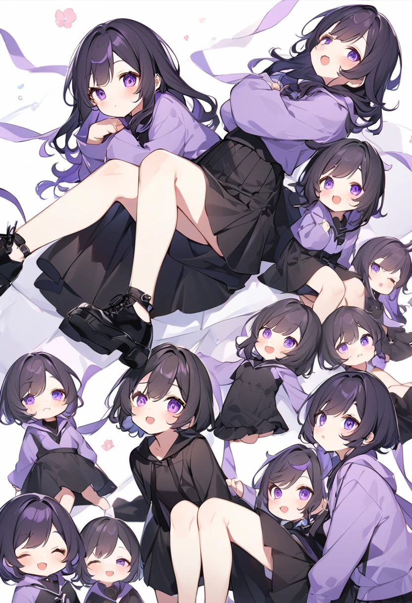 Keito。Purple hoodie。Black Skirt。Purple Eyes。Black Hair。Black shoes下。Black shoes。6 sistery eldest daughter has lavender hair.。all female。Sextuplets