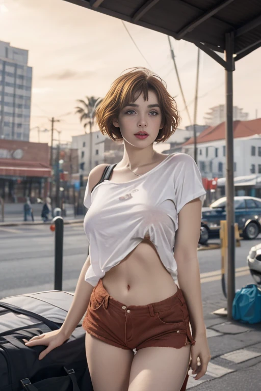 A woman in a quiet street in a resort town, with extremely detailed eyes, beautiful lips, long eyelashes, and perfect anatomy. Her delicate body and hands are finely detailed, with realistic, photorealistic, and best quality rendering. The lighting is Rembrandt-style, creating a dramatic, masterpiece-like scene. She has a European appearance, with a cute oval face, short red hair, and huge breasts. The woman is posing, with a retro style, appearing as a high-quality photo art piece by David Dubnitsky. Her pale skin shows pores and moles, and she is wearing a tight T-shirt, taking off short shorts and exposing her naked pussy, set in an 8K UHD, DSLR-captured scene with soft lighting and film grains.