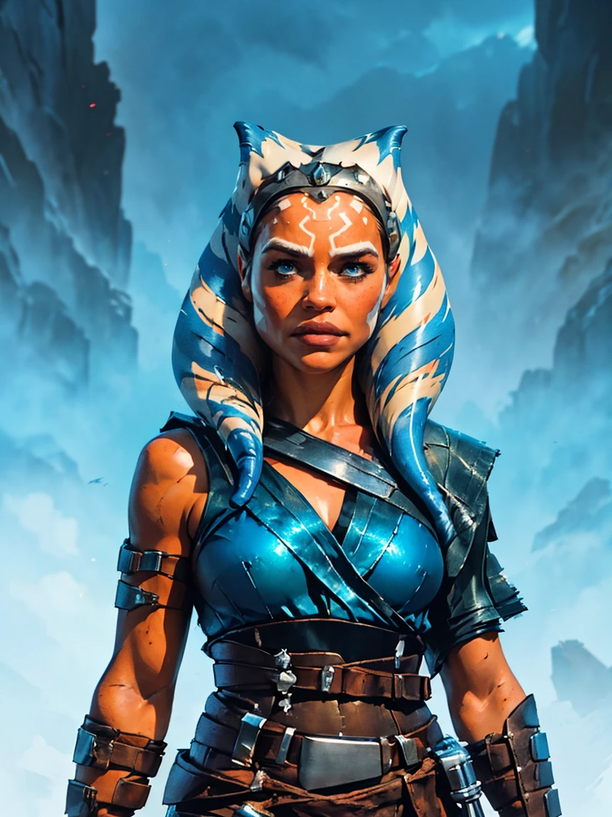 a naked female Ahsoka Tano from star Wars based on Emilia Clarke, highly detailed cinematic fantasy illustration, black outlining, full color illustration, in the style of BORIS VALLEJO & JULIE BELL, masterpiece, 8k, ultra-detailed, physically-based rendering, vivid colors, dramatic lighting, intricate background, photorealistic