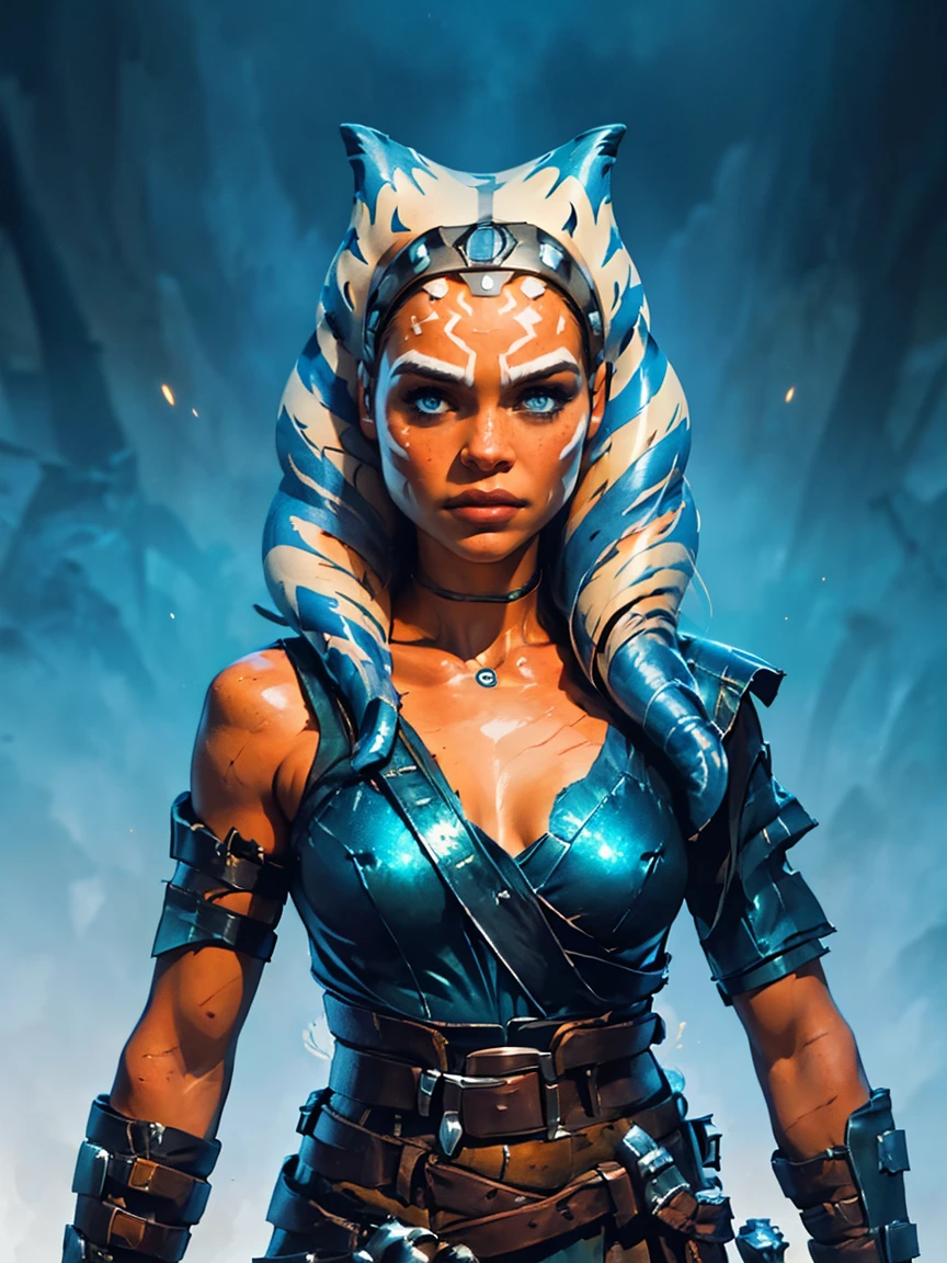 a naked female Ahsoka Tano from star Wars based on Emilia Clarke, highly detailed cinematic fantasy illustration, black outlining, full color illustration, in the style of BORIS VALLEJO & JULIE BELL, masterpiece, 8k, ultra-detailed, physically-based rendering, vivid colors, dramatic lighting, intricate background, photorealistic