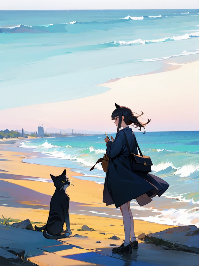 Girl and cat looking at the sea