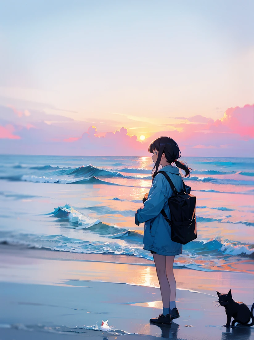 Girl and cat looking at the sea