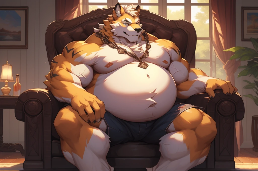 lindong, lucusold, semirealistic:1.3, a close up of a person sitting in a chair with a glass, furry chest, ((muscular, musclegut, big belly)), pov furry art, thick furry neck and chest fluff, thicc, fluffy chest, (sfw) safe for work, commission for high res, fullbody commission for, heavy detailed, furry character, furry body, strong fat bacchanalian body, highly detailed full body