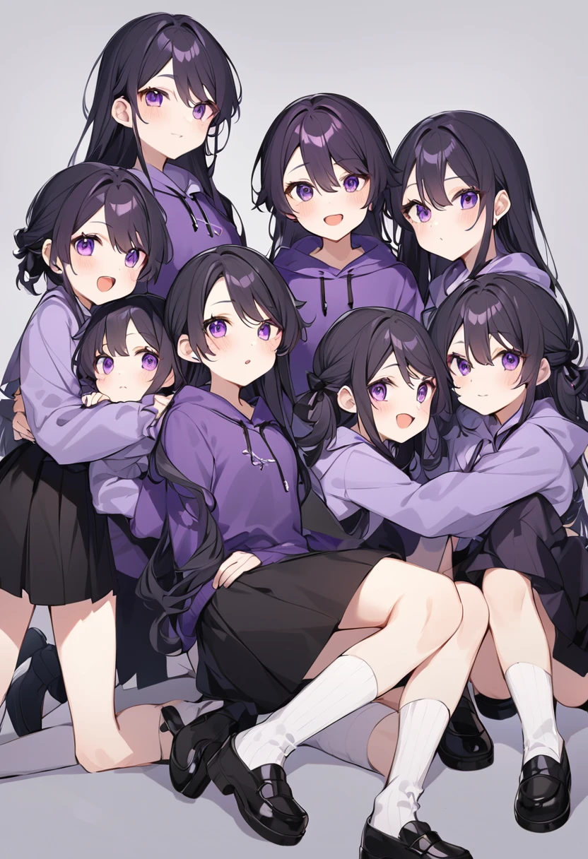 Keito。Purple hoodie。Black Skirt。Purple Eyes。Black Hair。Black shoes下。Black shoes。6 sistery eldest daughter has lavender hair.。all female。Sextuplets