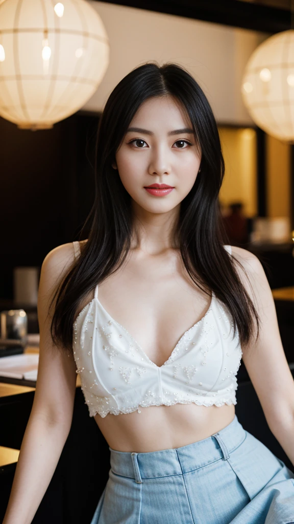 a Chinese woman with beautiful Delicate eyes, Beautiful and delicate lips, Extremely detailed face and skin, Pale skin, 23 years old,Wearing a halter top,sequined skirt, skirt, high heels, medium long shot, dancing in the dance hall, beautiful lights, sexy figure, Full breasts,Big breasts,long legs, full body portrait. Beautiful photography,Long eyelashes, Good anatomy , Practical skin texture, Delicate eyes, professional, 4K, Wide-angle lens, Optical Depth of Field, Kodak Vision Color, Perfectly proportioned body, Extremely detailed, ultra-photoPractical, Practical, Post-Processing, Maximum details, Roughness, real life, ultra -Practical, Photorealism, photography, 8k Ultra HD, photography