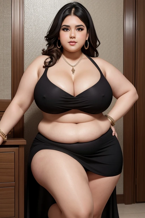 130kg extremely obese woman, abdominal exposure, exposed navel, mini skirt, high heel, earring, necklace, bracelet