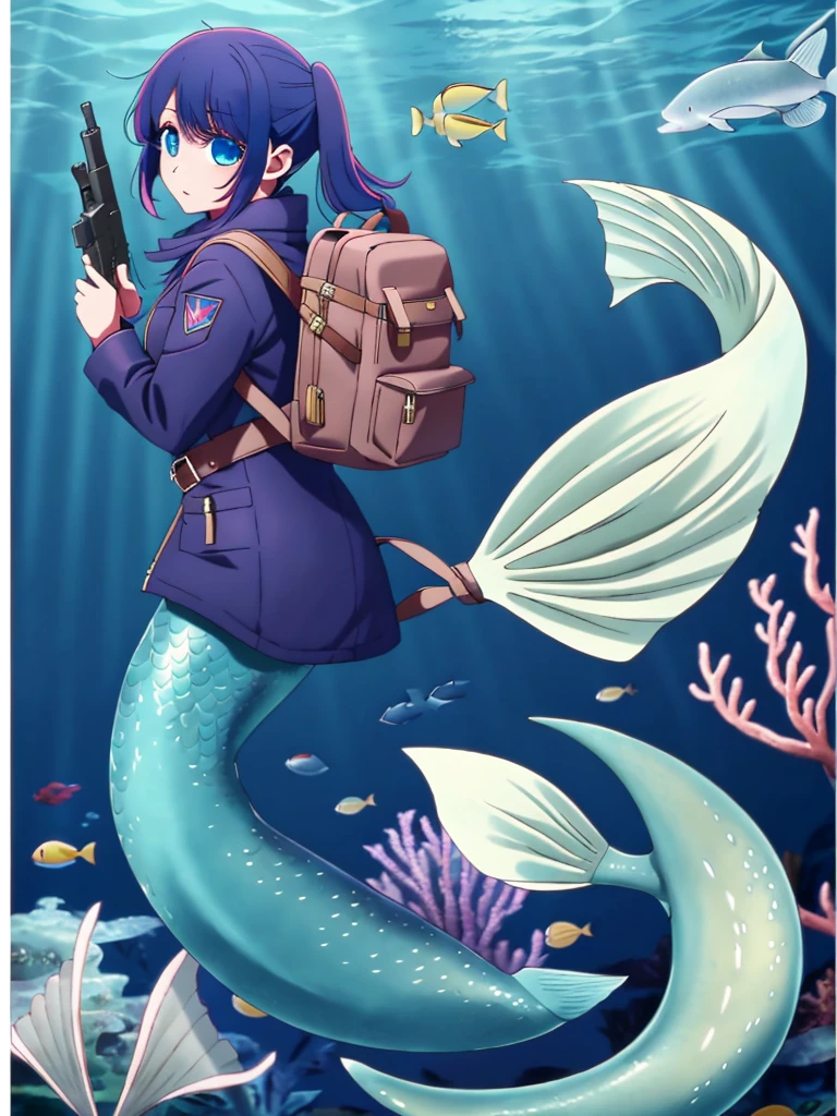 (mermaid:1.0), full body, masterpiece, best quality, 1girl, ,looking at viewer, tall, solo,military,tactical coat,belt,backpack,saddle bag, fins, under the sea, with a gun