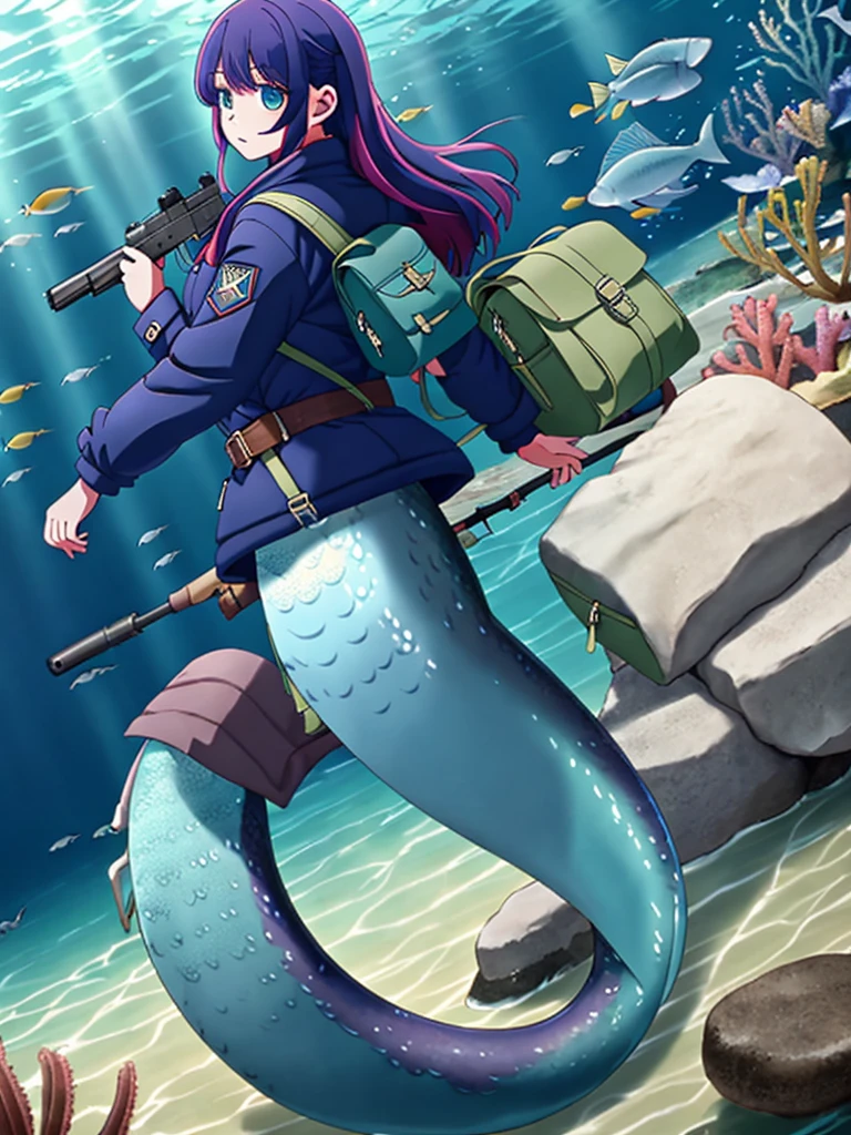 (mermaid:1.0), full body, masterpiece, best quality, 1girl, ,looking at viewer, tall, solo,military,tactical coat,belt,backpack,saddle bag, fins, under the sea, with a gun