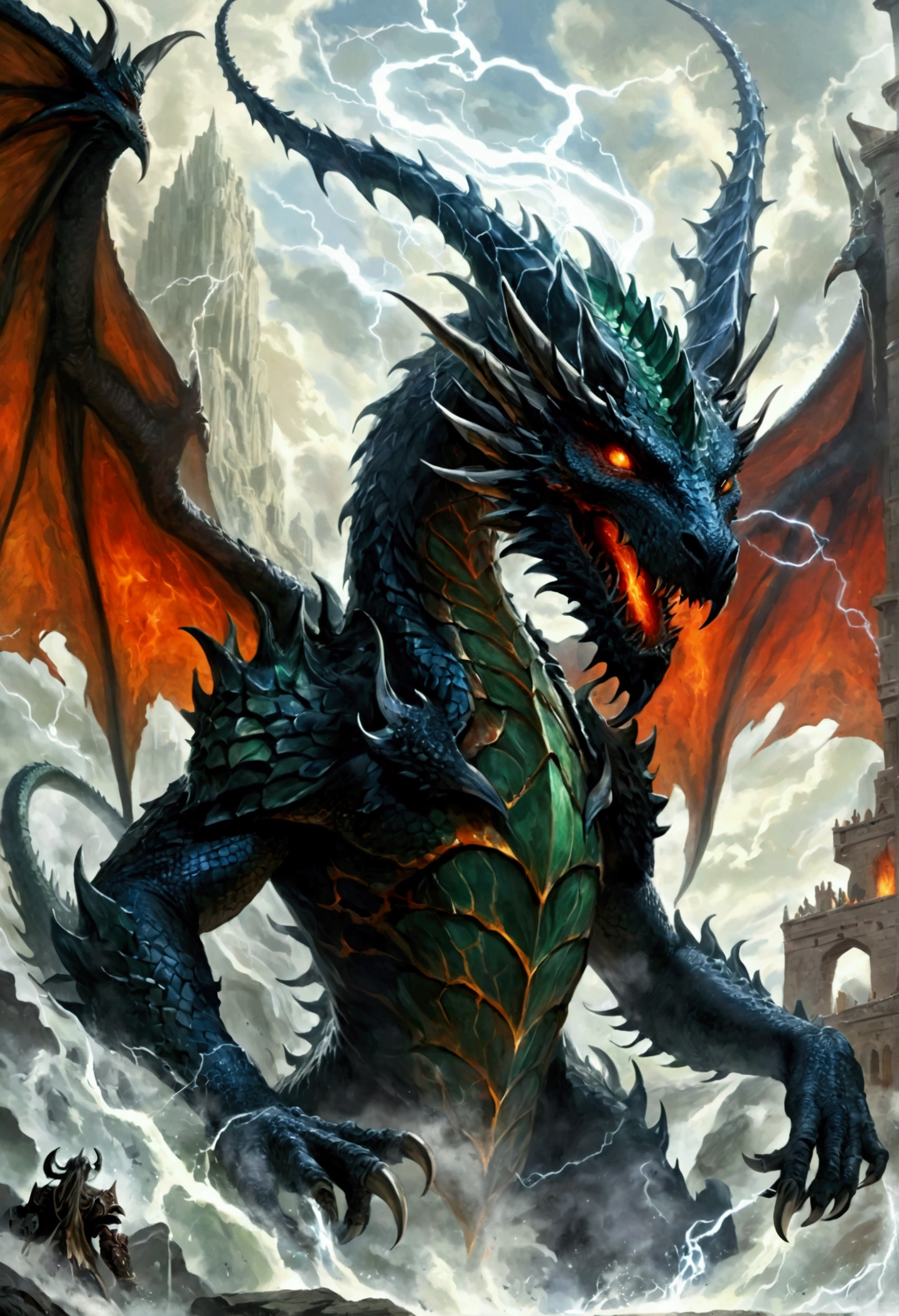 Tiamat, the fearsome Chromatic Dragon Queen, embodies the darkest depths of draconic power and malevolence. With her five heads, each bearing the visage of a different chromatic dragon—black, blue, green, red, and white—she commands legions of evil dragons and fiends from the depths of the Nine Hells. Her immense form is wreathed in scales of varying shades, ranging from jet black to bone white, each as hard as adamantine and as sharp as obsidian. Her wings, spanning vast distances, cast shadows that darken the skies and instill fear in the hearts of mortals. Tiamat's eyes gleam with an unearthly intensity, burning with an insatiable hunger for power and domination. From her maw, she unleashes torrents of elemental fury—gouts of flame, bolts of lightning, toxic gases, and freezing blasts—that devastate all who oppose her. Her presence exudes a palpable aura of dread and despair, causing even the bravest warriors to tremble in her presence. She is worshipped by cults of fanatical followers who seek to unleash her wrath upon the world and usher in an age of darkness and chaos. Tiamat's lair is a labyrinthine fortress of bone and sinew, hidden deep within the bowels of the earth or atop towering peaks veiled in perpetual storms. Here, she schemes and plots, weaving webs of intrigue and manipulation to further her insidious agenda and extend her influence across the realms. In the annals of legend and lore, Tiamat is the ultimate embodiment of draconic tyranny and destruction, a force of darkness that threatens to consume all who dare to defy her reign of terror.
