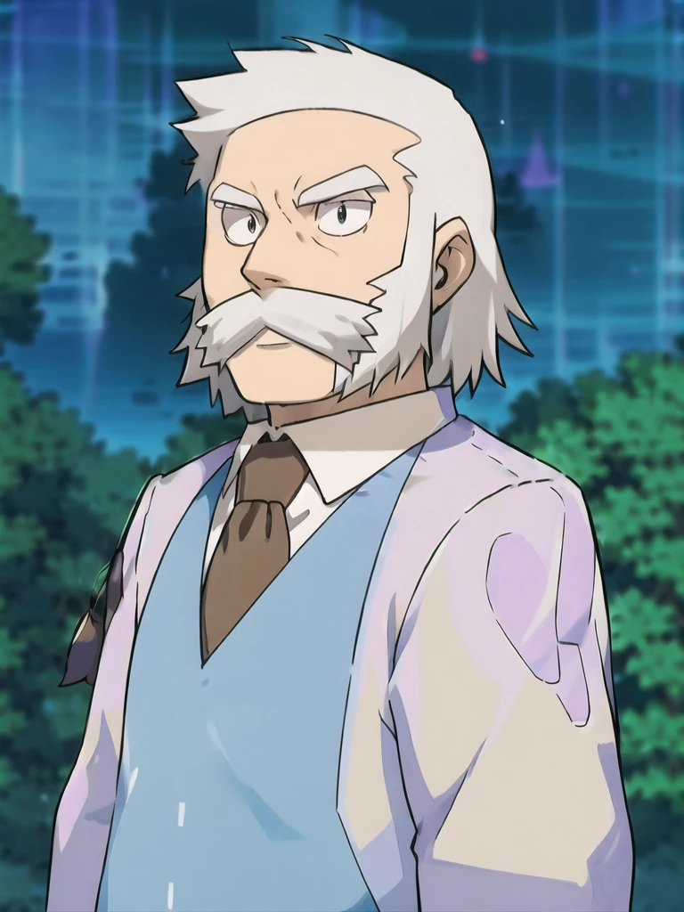 ProfessorRowan, solo, looking at viewer, shirt, 1boy, closed mouth, white shirt, upper body, white hair, male focus, outdoors, necktie, collared shirt, blurry, night, blurry background, parody, formal, style parody