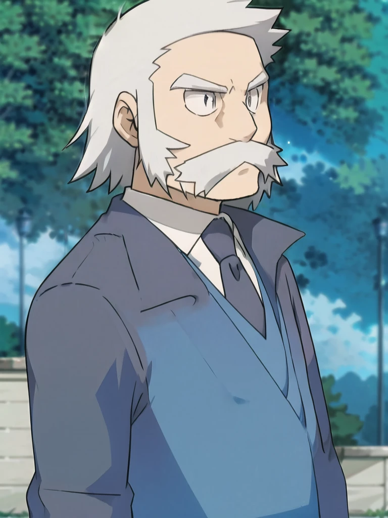 ProfessorRowan, solo, looking at viewer, shirt, 1boy, closed mouth, white shirt, upper body, white hair, male focus, outdoors, necktie, collared shirt, blurry, night, blurry background, parody, formal, style parody