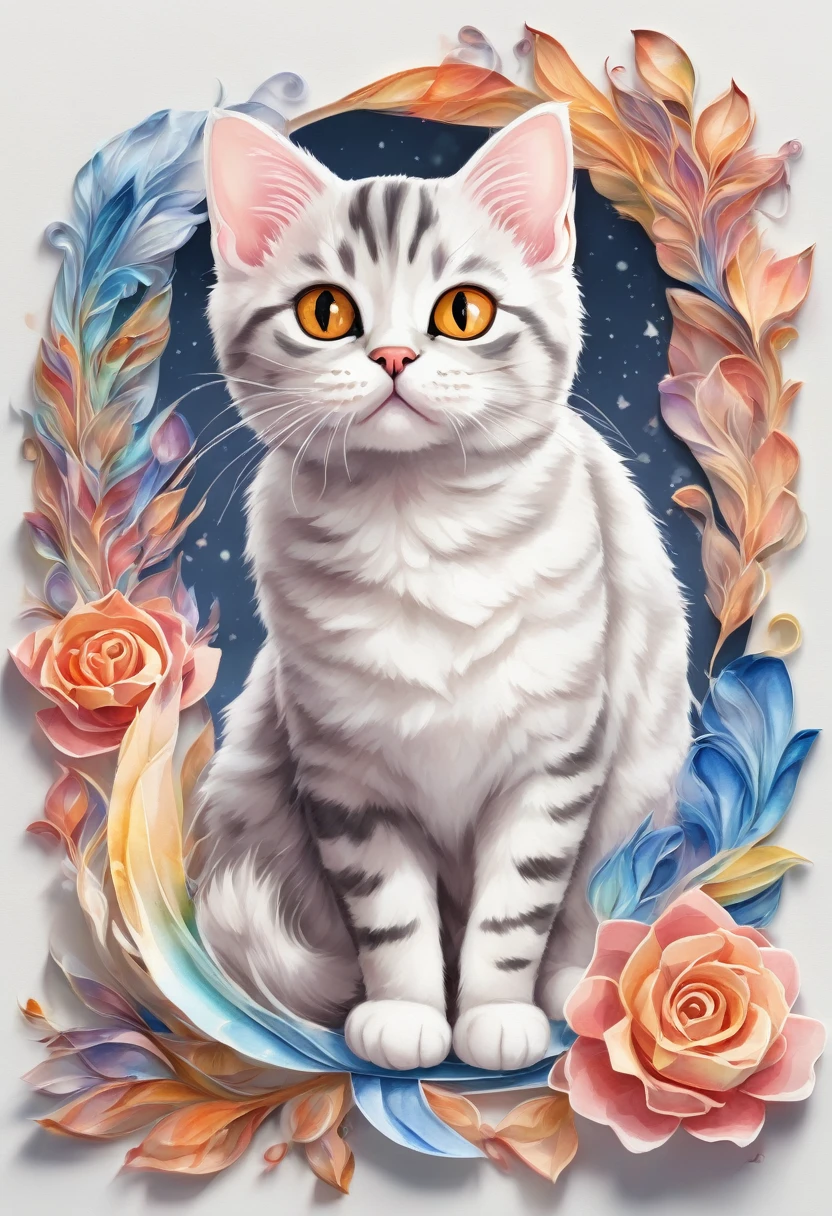 a Kurilian Bobtail cat, 3D watercolor style painting, American Shorthair cat, full picture, High contrast high resolution (photorrealistic:1.5), White background, sticker style, (raw photos, 8k hd,