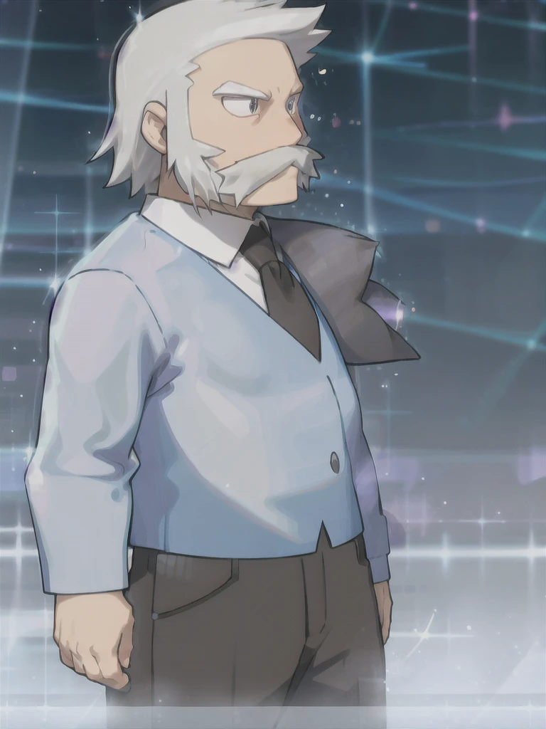 ProfessorRowan, solo, looking at viewer, shirt, 1boy, closed mouth, white shirt, upper body, white hair, male focus, outdoors, necktie, collared shirt, blurry, night, blurry background, parody, formal, style parody