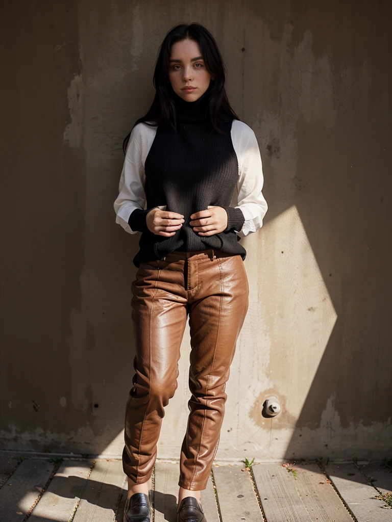 Girl in a turtleneck sweater and brown leather pants with a black loafer, standing (all body), with leather gloves