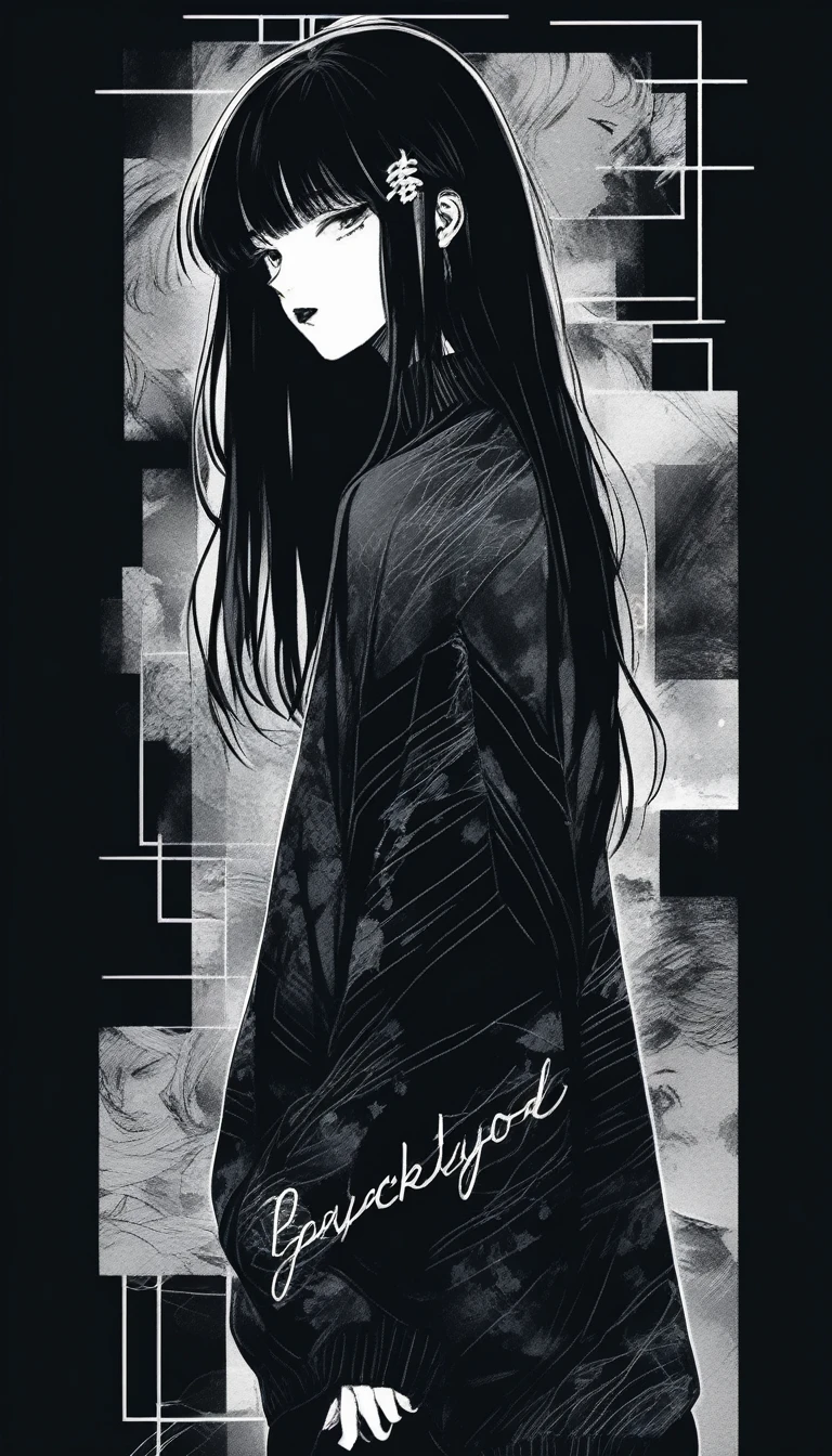 (Highest quality, sketch:1.2), Dark monochrome background, Japanese Manga,Illustrator,Japanese Manga,1 Girl, Delicate lips,sweater,custom,background completely black, Neon Hair,Texture Clipping,Canadian, masterpiece, style: Retro Classic, 深いblack, art, sketch book, (blackのボブヘア:1.35, black:1.55), bad woman