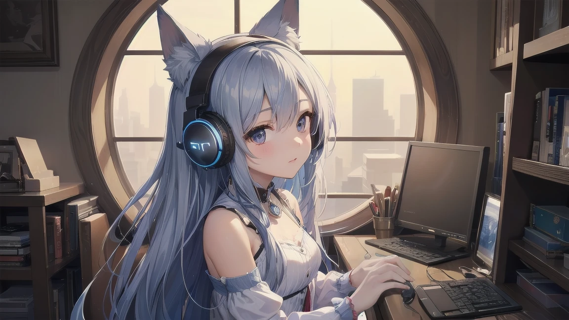 Highest quality, Super quality, 16K, Incredibly absurd, Very detailed, 2.5D, Delicate and dynamic depiction,people、Cute girl with headphones、A cool little wolf by my side