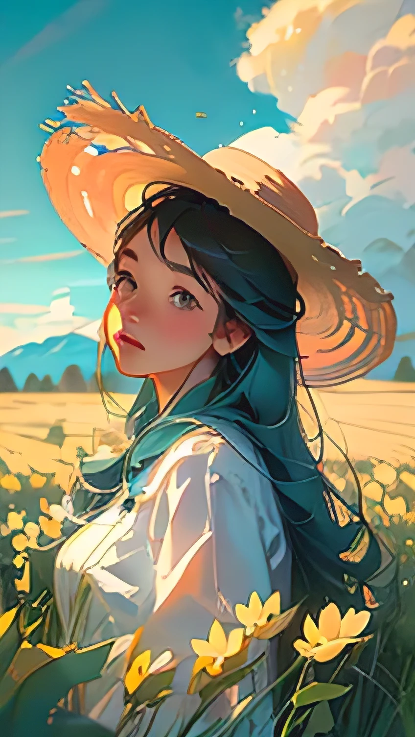 Wheat field, a farmer uncle with a straw hat standing in a wheat field, big clouds, blue sky, rice field, neat rice seedlings in the field, forest, hillside, secluded, rural, HD detail, hyper-detail, cinematic, surrealism, soft light, deep field focus bokeh, ray tracing and surrealism. --v6