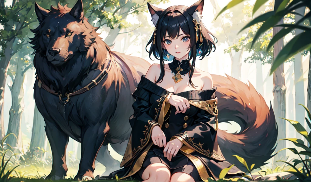 ((Highest quality)), ((masterpiece)), (detailed), 1 half-beast woman, Off-the-shoulder sweater, forest