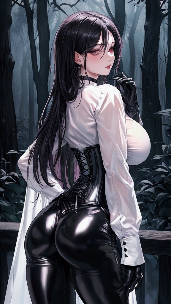 Masterpiece, Beautiful art, professional artist, 8k, Very detailed face, Detailed clothing, detailed fabric, 1 girl, view from behind, perfect ass, standing, pose sexy, BIG BREASTS, perfectly drawn body, shy expression, pale skin, beautiful face, long black hair, 4k eyes, very detailed eyes, pink cheeks, choker:1.6, (white long sleeve button down shirt with white collar), black gloves, gloves that cover hands, (black leather corset), (shiny black leggings), Sensual Lips, show details in the eyes, dark forest, Atmosphere, fog, At night