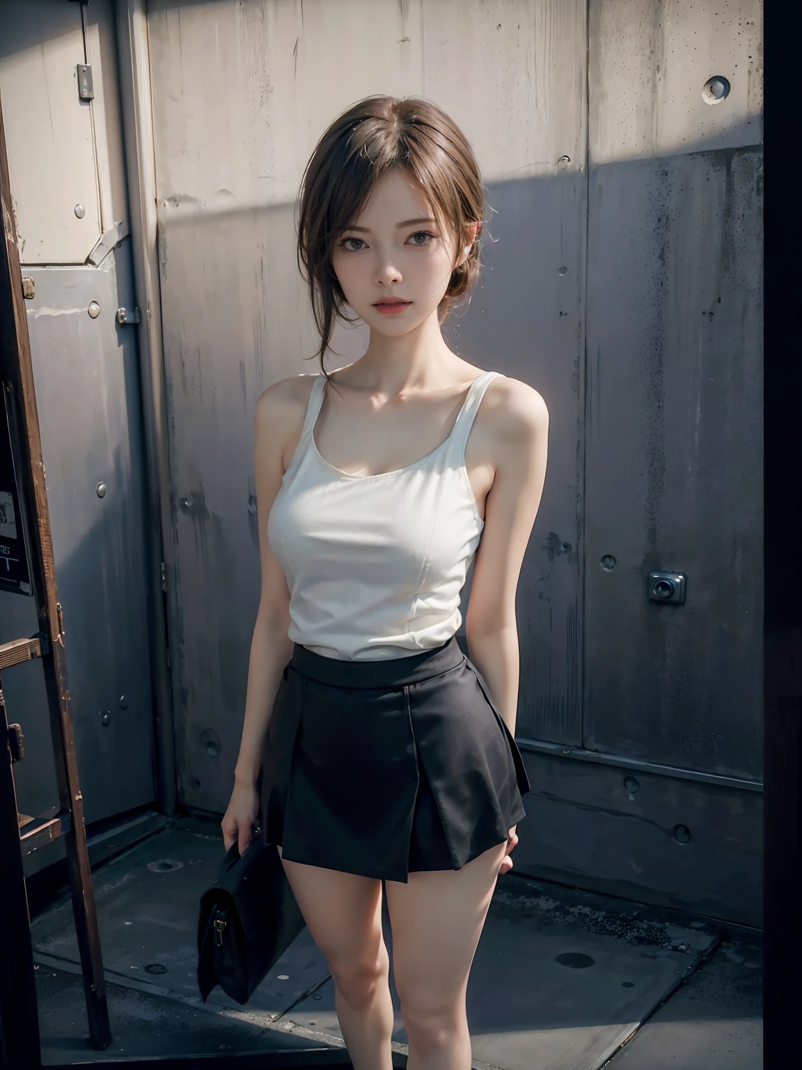 1girl, woman, masterpiece, best quality, highest quality, cinematic lighting, (volumetric lighting), extremely detailed CG unity 8k wallpaper, focused, 8k wallpaper, extremely detailed, ultra realistic, photorealistic, sharp focus, absurdres, (HDR:1.2), (high contrast), photograph, detailed and intricate, instagram, portrait, highly detailed, digital painting, artstation, concept art, smooth, sharp focus, illustration, cinematic lighting, (natural big breast), black short skirt, eyes looking at the viewer, ((medium shoulder)), (skinny legs), (slender body), (((height 163cm))), (HQ skin:1.4, Realistic human body structure), (Full body:1.4), (aerial shot photo), (wearing knit tank top, short skirt), (real skin of thighs)