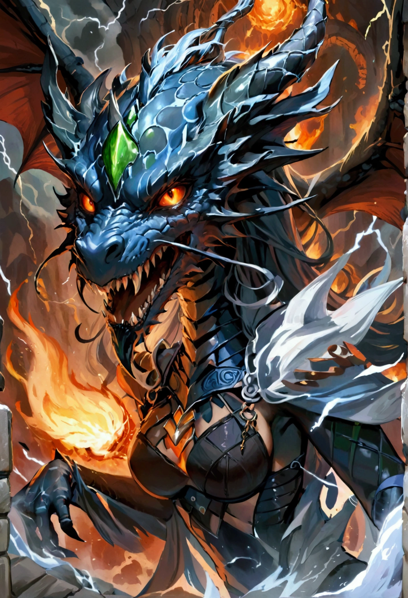 Tiamat, the fearsome Chromatic Dragon Queen, embodies the darkest depths of draconic power and malevolence. With her five heads, each bearing the visage of a different chromatic dragon—black, blue, green, red, and white—she commands legions of evil dragons and fiends from the depths of the Nine Hells. Her immense form is wreathed in scales of varying shades, ranging from jet black to bone white, each as hard as adamantine and as sharp as obsidian. Her wings, spanning vast distances, cast shadows that darken the skies and instill fear in the hearts of mortals. Tiamat's eyes gleam with an unearthly intensity, burning with an insatiable hunger for power and domination. From her maw, she unleashes torrents of elemental fury—gouts of flame, bolts of lightning, toxic gases, and freezing blasts—that devastate all who oppose her. Her presence exudes a palpable aura of dread and despair, causing even the bravest warriors to tremble in her presence. She is worshipped by cults of fanatical followers who seek to unleash her wrath upon the world and usher in an age of darkness and chaos. Tiamat's lair is a labyrinthine fortress of bone and sinew, hidden deep within the bowels of the earth or atop towering peaks veiled in perpetual storms. Here, she schemes and plots, weaving webs of intrigue and manipulation to further her insidious agenda and extend her influence across the realms. In the annals of legend and lore, Tiamat is the ultimate embodiment of draconic tyranny and destruction, a force of darkness that threatens to consume all who dare to defy her reign of terror.