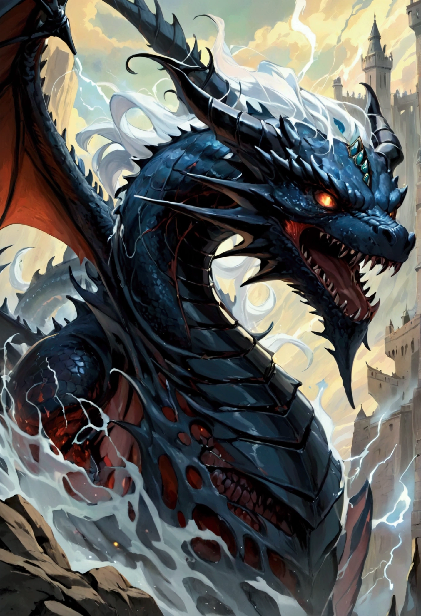 Tiamat, the fearsome Chromatic Dragon Queen, embodies the darkest depths of draconic power and malevolence. With her five heads, each bearing the visage of a different chromatic dragon—black, blue, green, red, and white—she commands legions of evil dragons and fiends from the depths of the Nine Hells. Her immense form is wreathed in scales of varying shades, ranging from jet black to bone white, each as hard as adamantine and as sharp as obsidian. Her wings, spanning vast distances, cast shadows that darken the skies and instill fear in the hearts of mortals. Tiamat's eyes gleam with an unearthly intensity, burning with an insatiable hunger for power and domination. From her maw, she unleashes torrents of elemental fury—gouts of flame, bolts of lightning, toxic gases, and freezing blasts—that devastate all who oppose her. Her presence exudes a palpable aura of dread and despair, causing even the bravest warriors to tremble in her presence. She is worshipped by cults of fanatical followers who seek to unleash her wrath upon the world and usher in an age of darkness and chaos. Tiamat's lair is a labyrinthine fortress of bone and sinew, hidden deep within the bowels of the earth or atop towering peaks veiled in perpetual storms. Here, she schemes and plots, weaving webs of intrigue and manipulation to further her insidious agenda and extend her influence across the realms. In the annals of legend and lore, Tiamat is the ultimate embodiment of draconic tyranny and destruction, a force of darkness that threatens to consume all who dare to defy her reign of terror.
