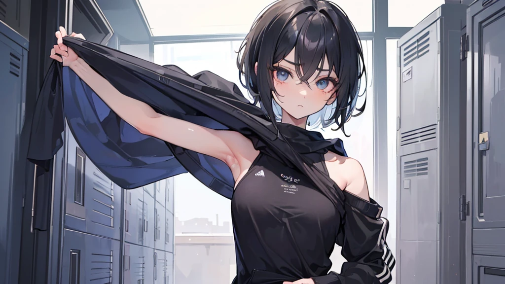 ((masterpiece)), ((best quality)), ((ultra-detailed)), 1girl,solo,((skinny),(flat chest),((very short hair)),black hair,pixie cut,shaggy cut,((big eyes)),(((tsurime))),(((slant eyes))),(drunk),tracksuit, hooded,((((clothes lift)))),sports bra,sweat,((looking away)),locker room,more_details:-1, more_details:0, more_details:0.5, more_details:1, more_details:1.5,bangs,messy hair,hair between eyes,medium long hair,