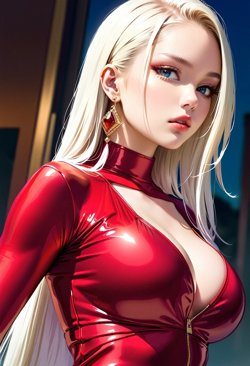 1 girl, fair_skin, (white long hair), large ass, (wearing red latex suit), full lips, pretty long eyelashes, pretty eyebrows, soft looking skin, realistic background, masterpiece, wearing diamond earrings, looking at viewer, ((blue eyes)), facing the viewer, lower angle
