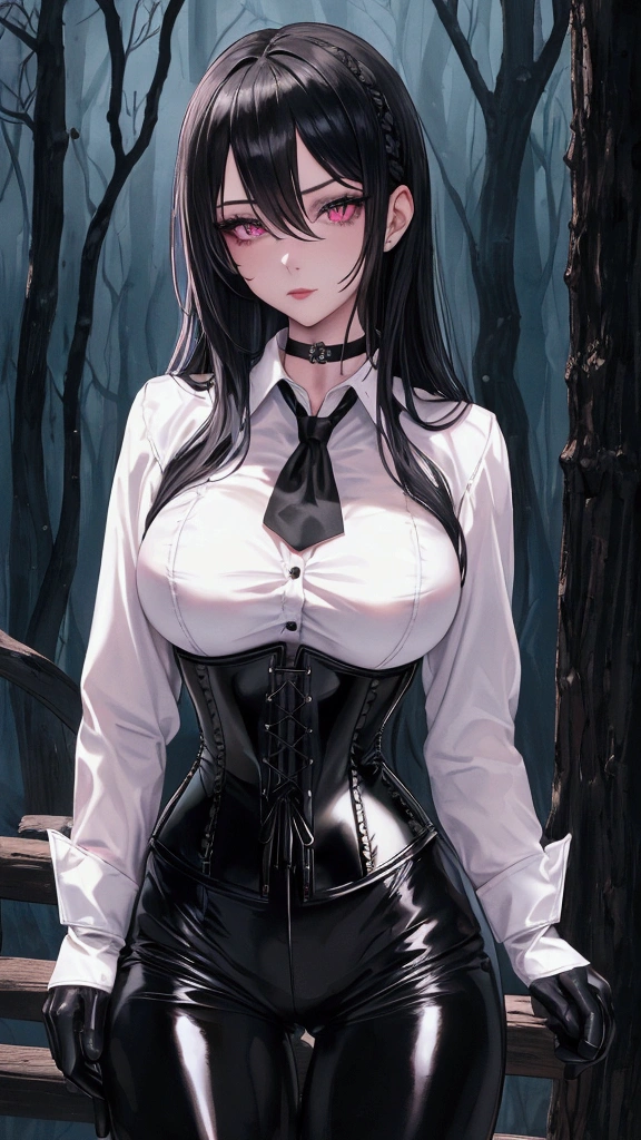 Masterpiece, Beautiful art, professional artist, 8k, Very detailed face, Detailed clothing, detailed fabric, 1 girl, View from the front, standing, pose sexy, BIG BREASTS, perfectly drawn body, shy expression, pale skin, beautiful face, long black hair, 4k eyes, very detailed eyes, pink cheeks, choker:1.6, (white long sleeve button down shirt with white collar), black gloves, gloves that cover hands, (black leather corset), (shiny black leggings), Sensual Lips, show details in the eyes, dark forest, Atmosphere, fog, At night