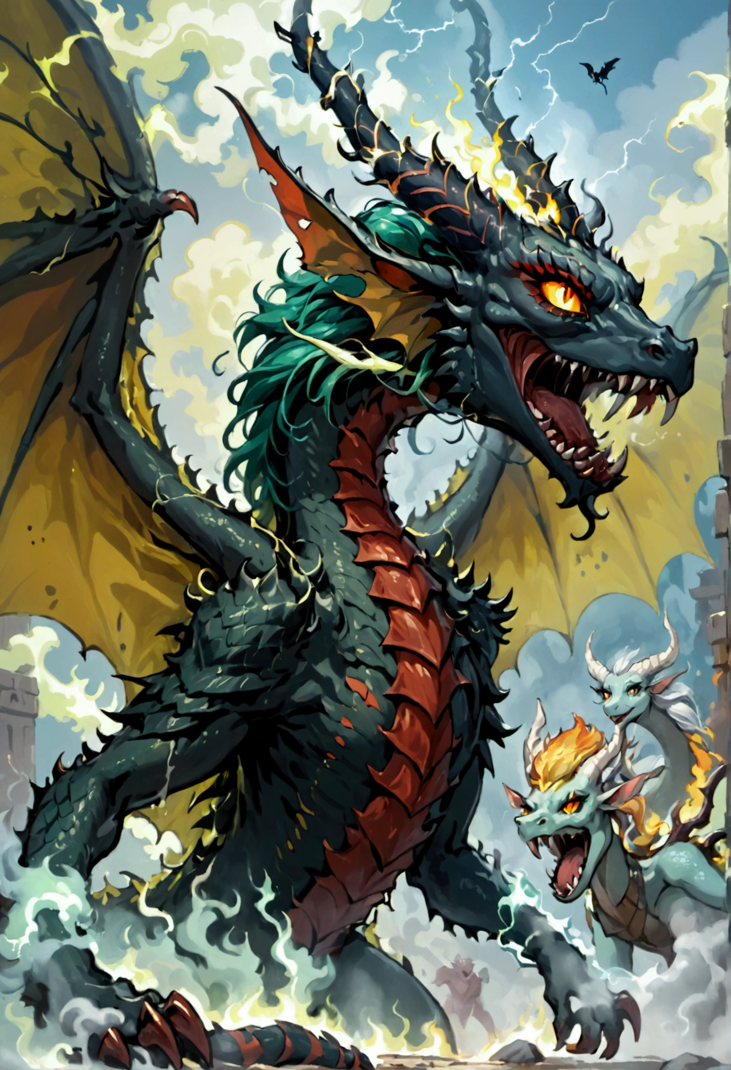 Tiamat, the fearsome Chromatic Dragon Queen, embodies the darkest depths of draconic power and malevolence. With her five heads, each bearing the visage of a different chromatic dragon—black, blue, green, red, and white—she commands legions of evil dragons and fiends from the depths of the Nine Hells. Her immense form is wreathed in scales of varying shades, ranging from jet black to bone white, each as hard as adamantine and as sharp as obsidian. Her wings, spanning vast distances, cast shadows that darken the skies and instill fear in the hearts of mortals. Tiamat's eyes gleam with an unearthly intensity, burning with an insatiable hunger for power and domination. From her maw, she unleashes torrents of elemental fury—gouts of flame, bolts of lightning, toxic gases, and freezing blasts—that devastate all who oppose her. Her presence exudes a palpable aura of dread and despair, causing even the bravest warriors to tremble in her presence. She is worshipped by cults of fanatical followers who seek to unleash her wrath upon the world and usher in an age of darkness and chaos. Tiamat's lair is a labyrinthine fortress of bone and sinew, hidden deep within the bowels of the earth or atop towering peaks veiled in perpetual storms. Here, she schemes and plots, weaving webs of intrigue and manipulation to further her insidious agenda and extend her influence across the realms. In the annals of legend and lore, Tiamat is the ultimate embodiment of draconic tyranny and destruction, a force of darkness that threatens to consume all who dare to defy her reign of terror.