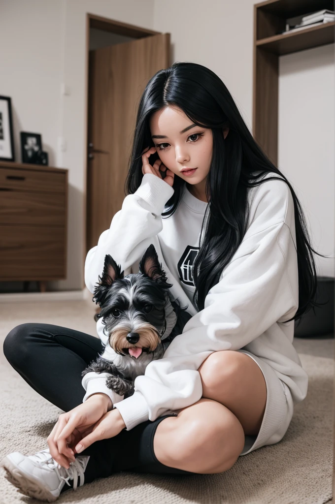 woman with long black hair wearing a white sweatshirt sitting on her bedroom floor playing with a schnauzer dog, in black and white