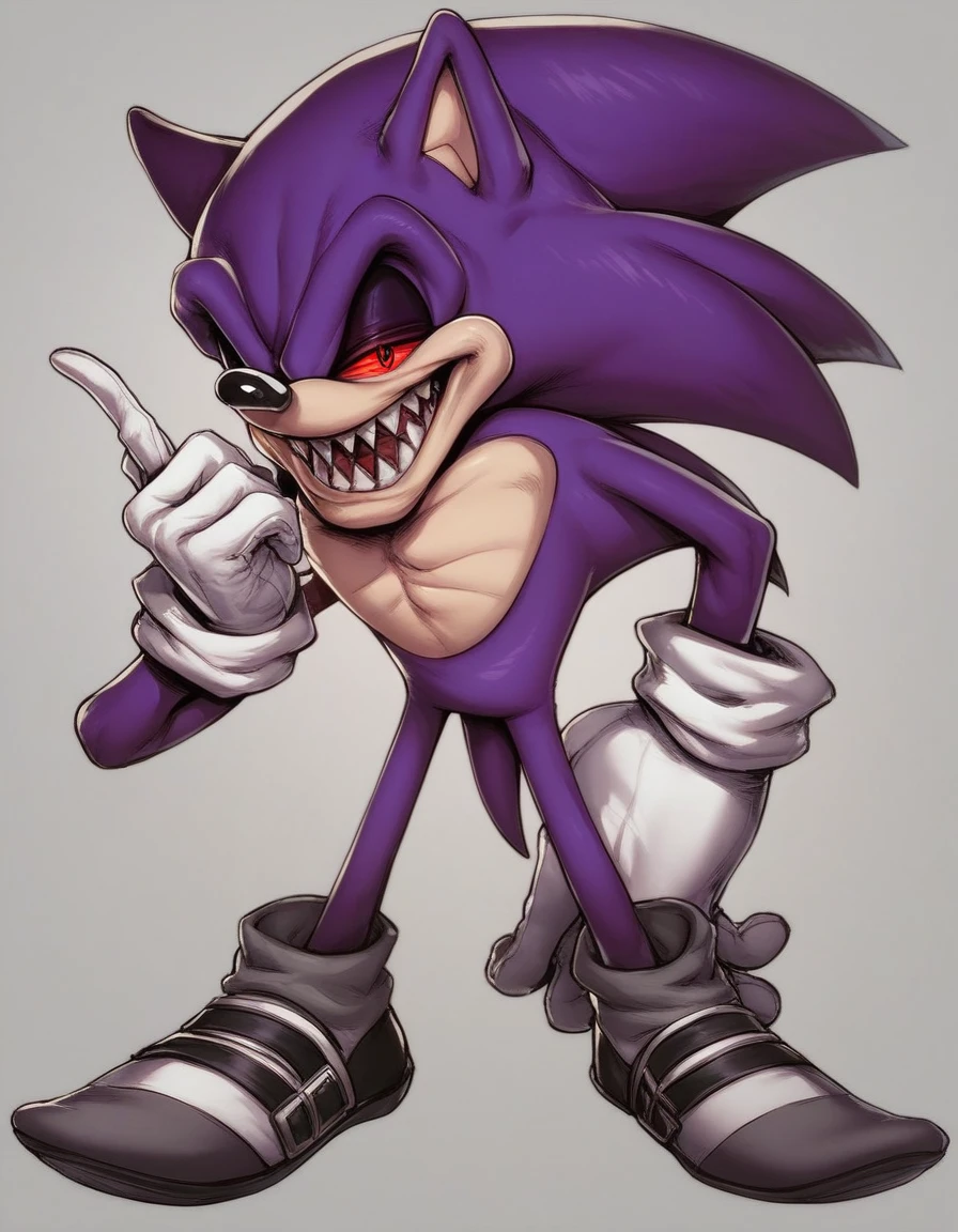 oga, solo, looking at viewer, smile, open mouth, simple background, red eyes, gloves, 1boy, animal ears, purple hair, standing, tail, full body, male focus, shoes, teeth, socks, white gloves, hand up, happy, sharp teeth, spiked hair, index finger raised, furry, colored sclera, furry male, body fur, animal nose, sonic the hedgehog X on chest, long arms, scary eyes, grey shoes