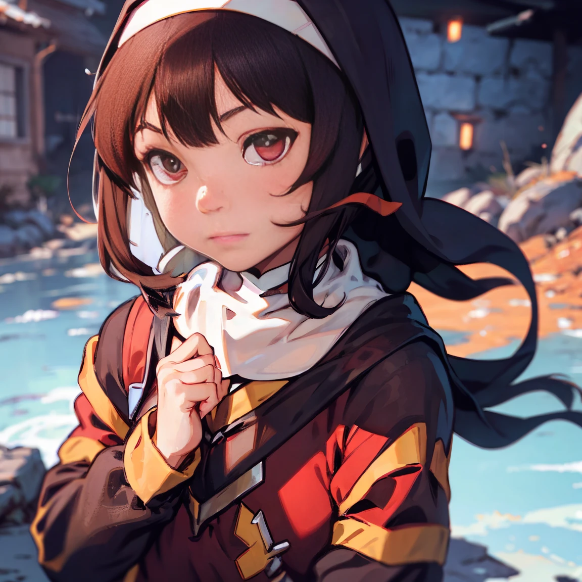 (((megumin dressed as a nun))), ((brown hair)), ((red eyes)), medieval, fantasy, magic, dungeons and dragons, ember particles, particles, flares, sharpened, chromatic aberration, masterpiece:6, best quality:5, realistic hands, (((split complementary palette))), bokeh, light, rim lighting:1, post processing, dslr, wide angle shot, in the style of Ilya Kuvshinov