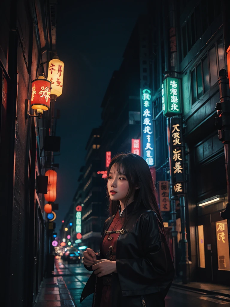 Scenery in ancient China with neon lights  