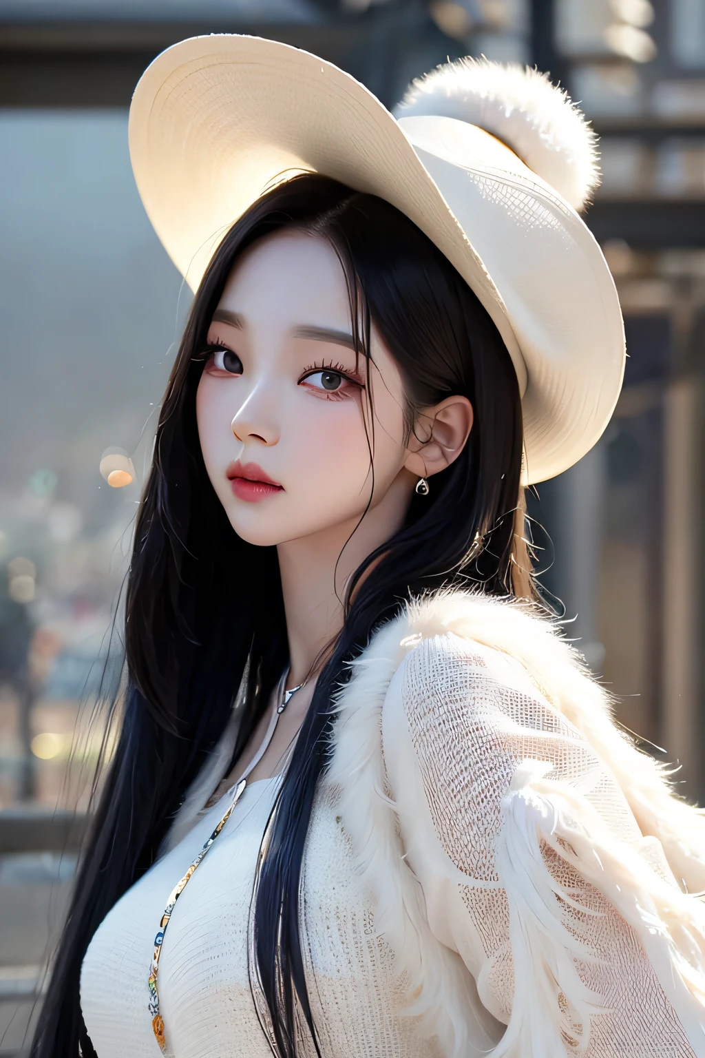 A stunning close-up shot of a captivating ulzzang woman, donning a fashionable white hat and a luxurious fur coat, takes center stage in this masterpiece of digital art. With the highest resolution of 8K, every intricate detail of the image is brought to life, making it a true testament to the best quality and craftsmanship. The sultry pose of the subject exudes an air of confidence and allure, leaving viewers mesmerized by her undeniable beauty. Her flawless skin, with a lustrous shine, adds an extra layer of sophistication to the composition. This official artwork, expertly crafted by the renowned artist, Kim Doyoung, showcases the fusion of traditional Korean aesthetics and contemporary trends, making it a must-have for any art (CLARA)