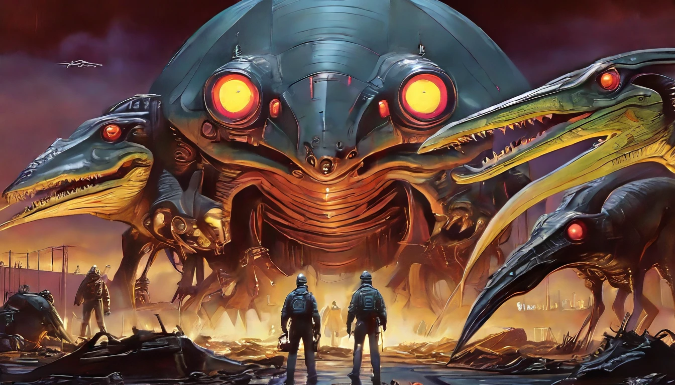 characters from Galaxy of Terror, inspired by Ed Emshwiller and Heavy Metal Magazine, Cyberpunk apocalypse in chaotic world, stalenhag, metal album cover, gwar, (flying pterosaur:2.1), monsters and robots, wayne barlowe pierre pellegrini, retro sci fi, movie poster promo,  very detailed face, bue skin, white eyes, moody, epic, shot on Kodak Vision3, (intricate details), (hyperdetailed), 8k hdr, high detailed, lot of detailed, high quality, soft (cinematic:3.1) light, dramatic atmosphere, atmospheric pespective