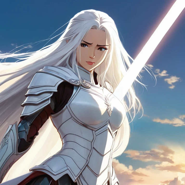 A tall character, stark, with long white hair, with white armor, wielding a sword of light, being able to control it however he wants, woman in anime