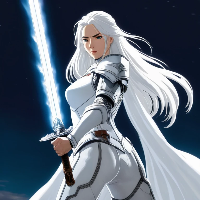 A tall character, stark, with long white hair, with white armor, wielding a sword of light, being able to control it however he wants, woman in anime