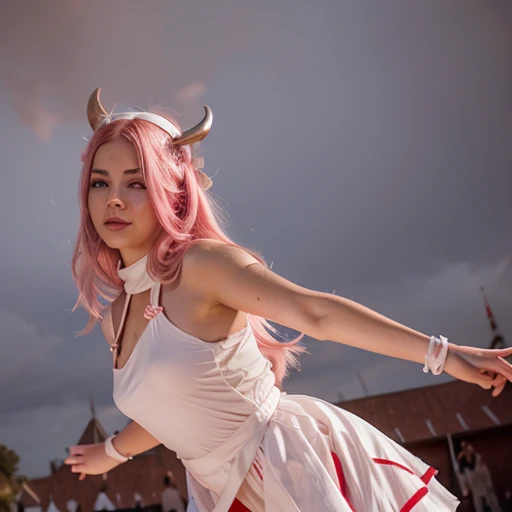 make a woman with long light pink hair and very small, short horns facing forward above her forehead with a white headband with a red line on each side of the headband, with a very elegant crimson red dress that is moved by the wind and the image is full body and in the background the dance floor of a castle