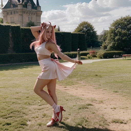 make a woman with long light pink hair and very small, short horns facing forward above her forehead with a white headband with a red line on each side of the headband, with a very elegant crimson red dress that is moved by the wind and the image is full body and in the background the dance floor of a castle