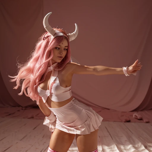 make a woman with long light pink hair and very small, short horns facing forward above her forehead with a white headband with a red line on each side of the headband, with a very elegant crimson red dress that is moved by the wind and the image is full body and in the background the dance floor of a castle