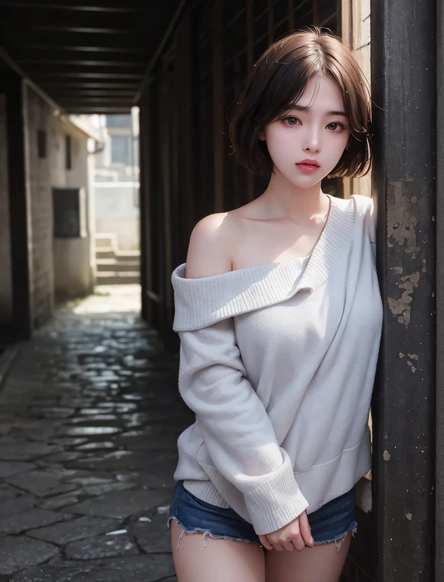 best quality, masterpiece, Ultra-high resolution, (Reality:1.5), RAW photos, 1 Girl, Off-shoulder, in the darkness, Deep Shadows, Low profile, Cold Light, Sexy look, short hair