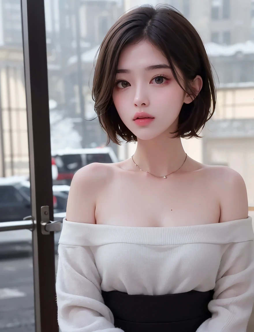 best quality, masterpiece, Ultra-high resolution, (Reality:1.5), RAW photos, 1 Girl, Off-shoulder, in the darkness, Deep Shadows, Low profile, Cold Light, Sexy look, short hair