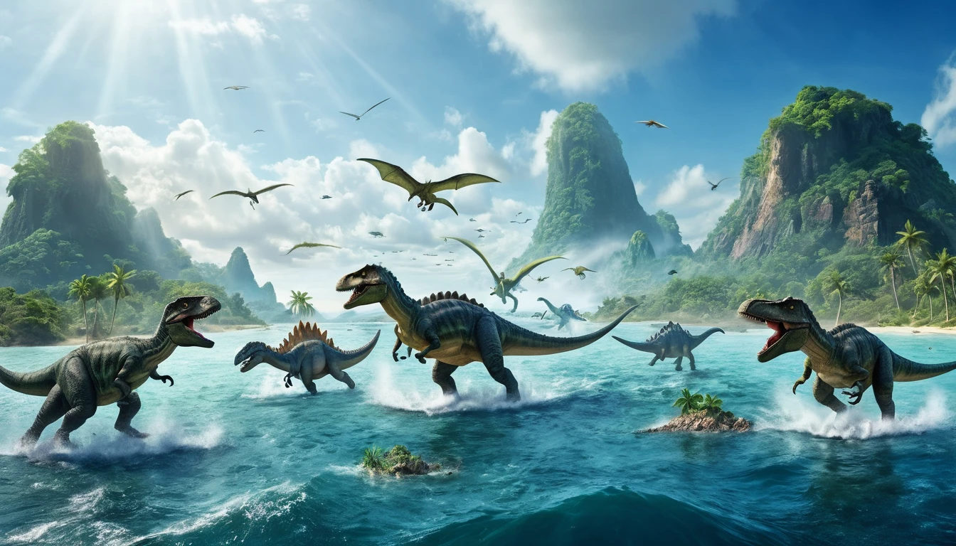 Jurassic island in the middle of the sea, panoramic image of a group of dinosaurs fighting, epic, Masterpiece, different types of dinosaurs