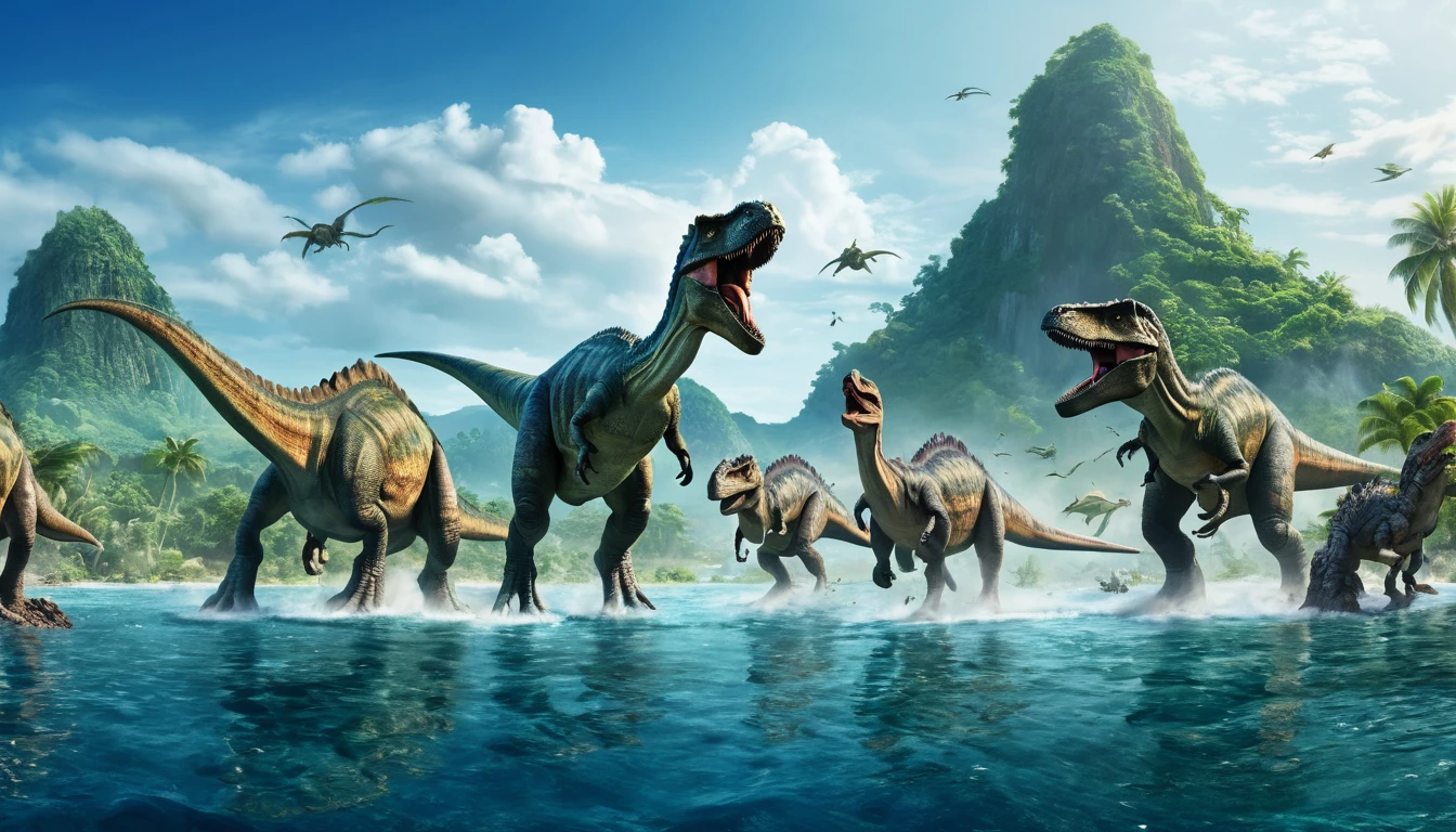 Jurassic island in the middle of the sea, panoramic image of a group of dinosaurs fighting, epic, Masterpiece, different types of dinosaurs