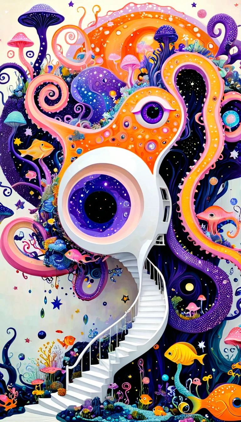 &References;Dick Ellescas Artist Style&References;,Fairy tale world,章fish热气球,Tentacles瀑布,Starry Sky、rivesh、Tentacles、bird、Eye、Squeeze foam、autistic patient、diatom,Spiral Staircase,Abstract mosaic painting,描述autistic patient的内心世界,Sense of space,White space,interesting,Innocence,Psychedelic Art,Pink Theme,Bold contrasts,Purple and Orange
