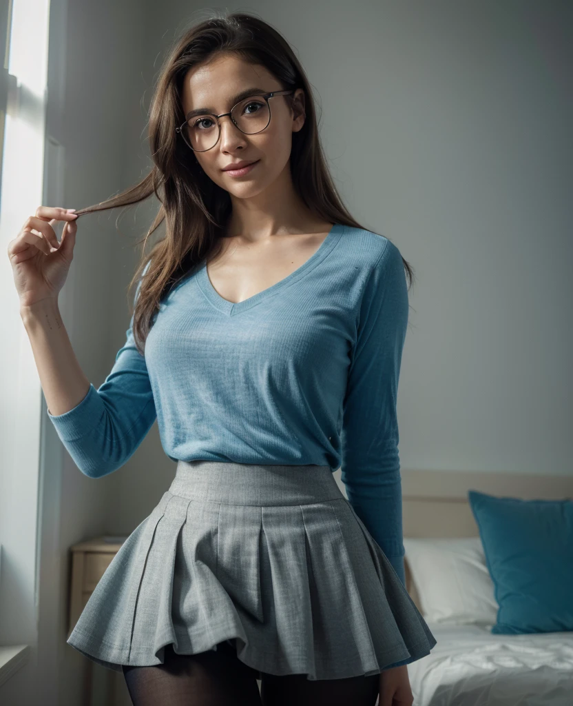 (best quality,4k,8k,highres,masterpiece:1.2),ultra-detailed,(realistic,photorealistic,photo-realistic:1.37), 1girl,rounded glasses,big glasses,beautiful detailed eyes, v neck, beautiful detailed lips,extremely detailed eyes and face,smiling,looking at the camera,short messy hair,pale-skinned, rounded eyes,cyan blue shirt ,close up,magazine shot,dynamic pose,studio lighting,vivid colors,portraits, black hair, high waisted skirt, hermione, high tights