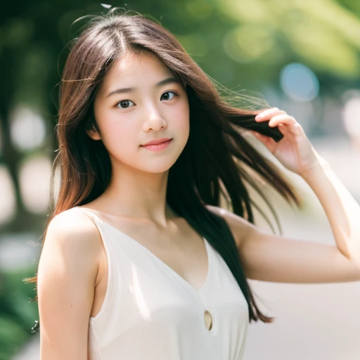 lens: 135mm f1.8,(Highest quality), (Beautiful  Japanese girl),  (Moist lips), Narrow eyes, double eyelid,Delicate clavicle,Flat Chest,Shortcuts,  shame, A faint smile,
(Spotted sunlight:1.2), Dramatic lighting, 
(White camisole), (Sunburned skin:0.2),Full body photo、Full Body Focus、Standing upright and facing forward、Upper Body、Hip