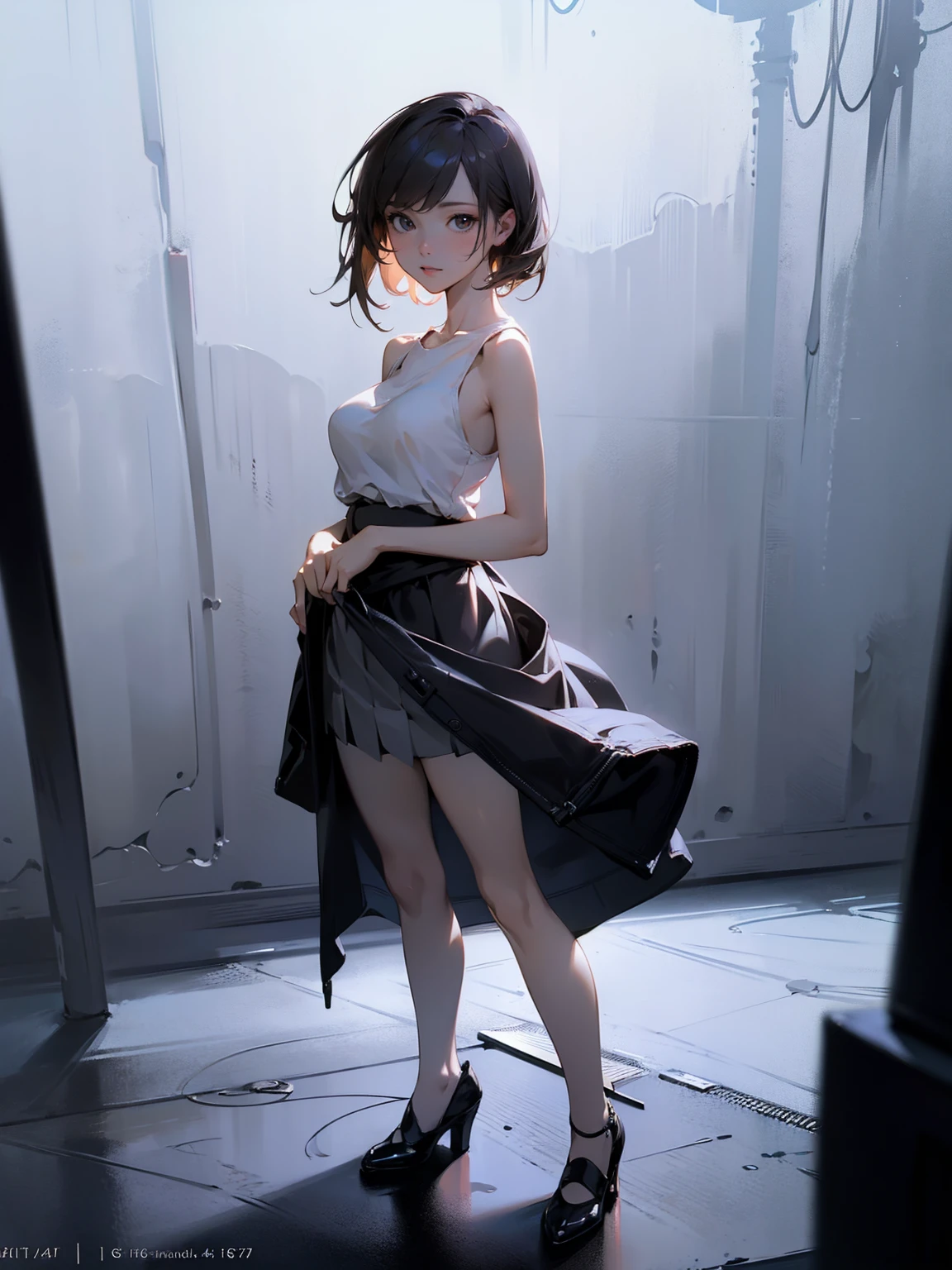 1girl, woman, masterpiece, best quality, highest quality, cinematic lighting, (volumetric lighting), extremely detailed CG unity 8k wallpaper, focused, 8k wallpaper, extremely detailed, ultra realistic, photorealistic, sharp focus, absurdres, (HDR:1.2), (high contrast), photograph, detailed and intricate, instagram, portrait, highly detailed, digital painting, artstation, concept art, smooth, sharp focus, illustration, cinematic lighting, (natural big breast), black short skirt, eyes looking at the viewer, ((medium shoulder)), (skinny legs), (slender body), (((height 163cm))), (HQ skin:1.4, Realistic human body structure), (Full body:1.4), (aerial shot photo), (wearing knit tank top, short skirt), (real skin of thighs)